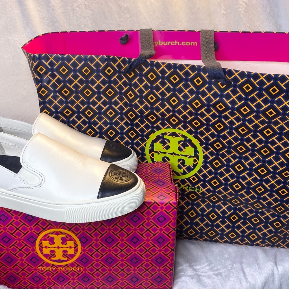 Tory Burch White and Black Slip-On Sneakers